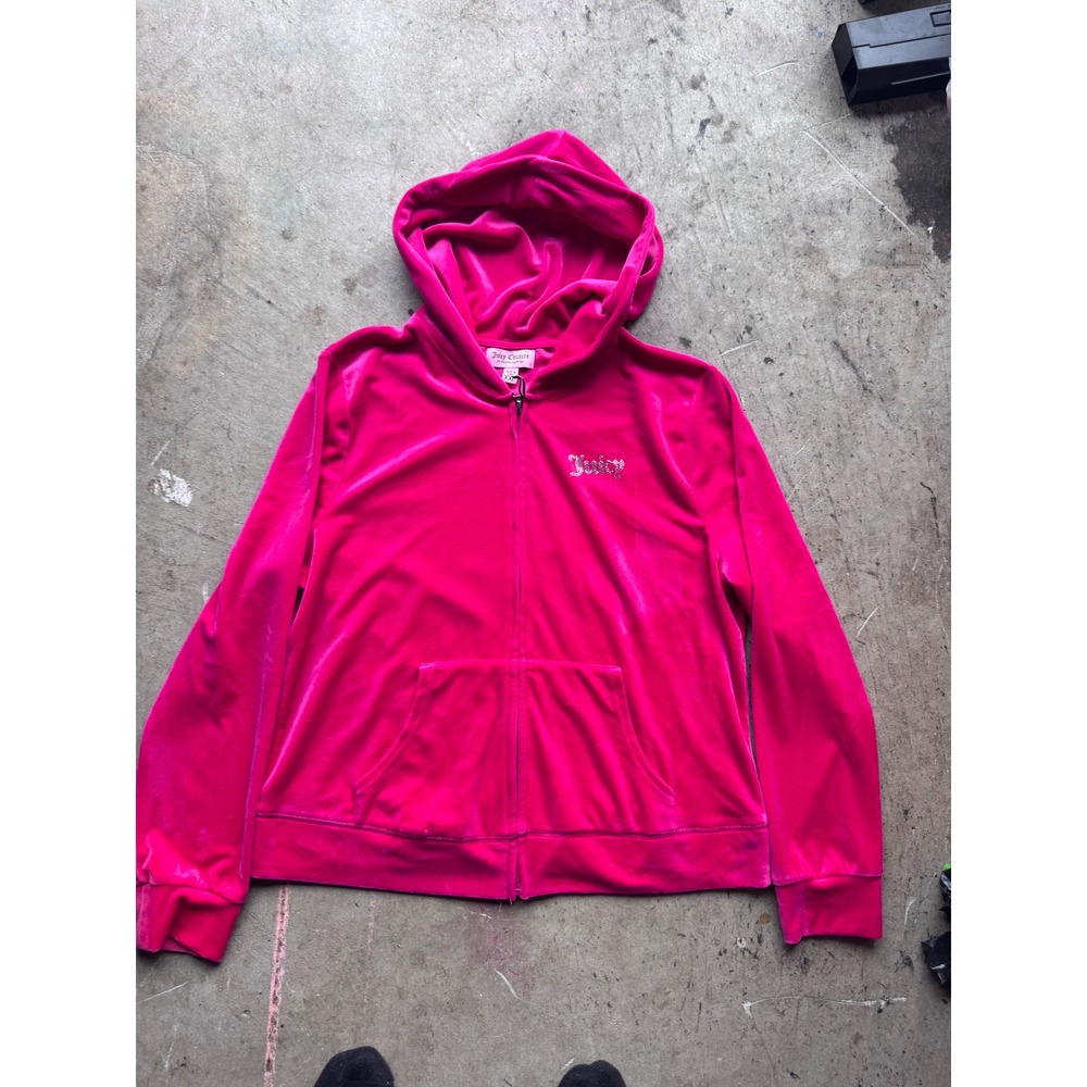 Juicy Couture Hot Pink Velour Zip Up Hoodie Rhinestone Logo XXL Y2K Style